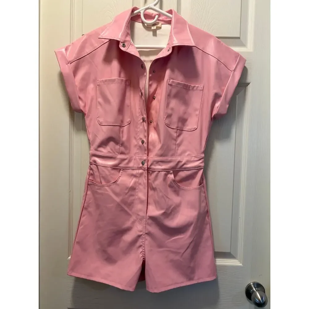 Entro Pink Faux Leather Romper Womens Small Snap Front Vegan Leather - Picture 2 of 8